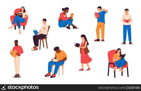 People read books. Cartoon men and women characters standing and sitting with books, magazines, and brochures. Vector set. Youth getting knowledge or information from textbooks, literature. People read books. Cartoon men and women characters standing and sitting with books, magazines, and brochures. Vector set