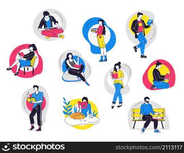 People read books. Cartoon trendy man and woman student characters reading, home learning and literature hobby. Vector modern leisure collection character illustrative reader. People read books. Cartoon trendy man and woman student characters reading, home learning and literature hobby. Vector modern leisure collection