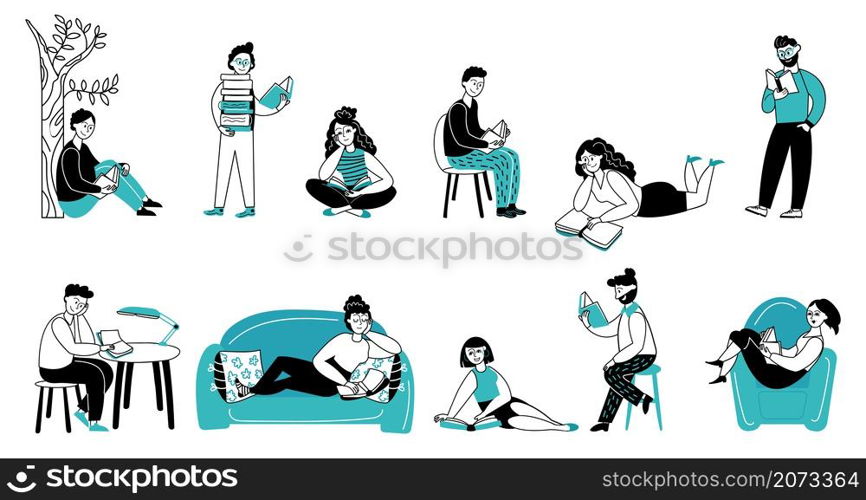 People read books. Girl reading, book study in summer park. Doodle young persons lifestyle, decent students relax and learn vector characters. Illustration lover book, girl and boy with books. People read books. Girl reading, book study in summer park. Doodle young persons lifestyle, decent students relax and learn vector characters