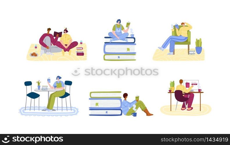 People read books in cozy home rooms - home activities and literature fans concept, man and woman, students read and study, flat cartoon textured characters isolated on white - vector illustration. Literature fans people with books