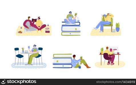 People read books in cozy home rooms - home activities and literature fans concept, man and woman, students read and study, flat cartoon textured characters isolated on white - vector illustration. Literature fans people with books