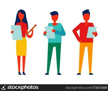 People reading and checking publications, educated workers correct articles written on paper, woman holding big pencil isolated on vector illustration. People Reading and Checking Vector Illustration