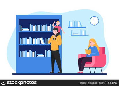 People reading and choosing books. Shelf, kid, family flat vector illustration. Hobby and home library concept for banner, website design or landing web page