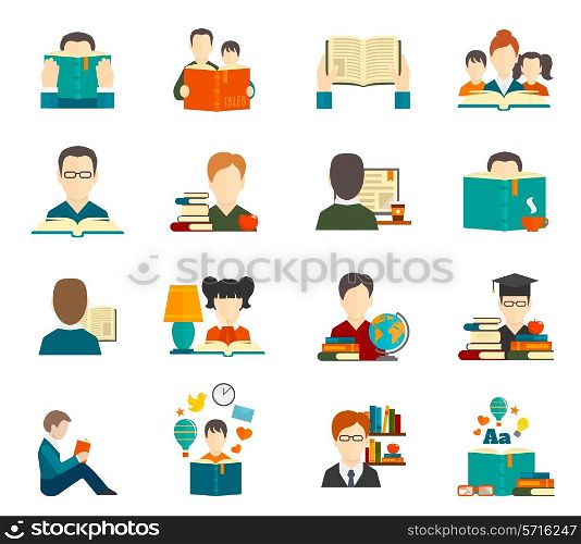 People reading book encyclopedia textbook icon flat set isolated vector illustration