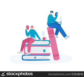 People reading book, miniature man and girl or two students read and study, literature fans or lovers with giant books, modern flat cartoon textured characters isolated on white - vector illustration. Literature fans people with books