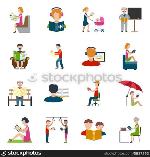 People reading books and magazines flat icons set isolated vector illustration. People Reading Icons Set