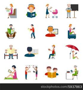 People reading books and magazines flat icons set isolated vector illustration. People Reading Icons Set