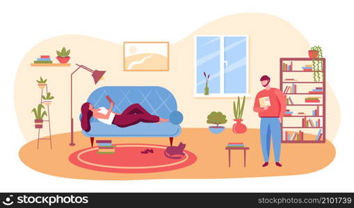 People reading books at home, study and relax. Person read book, education and relax. Vector illustration. People reading books at home, study and relax