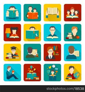 People reading books flat icons collection set isolated vector illustration