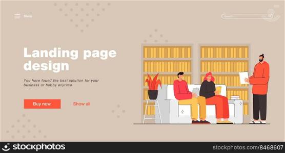 People reading books in library flat vector illustration. Woman and men learning, sitting on sofa, studying, taking photos for social networks in room with bookcases. Indoor activity, study concept 
