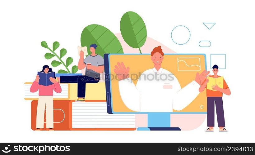 People reading books. Online education, practice and lesson. Teacher on screen and students. Remote learning, vector concept. Online education book library illustration. People reading books. Online education, practice and lesson. Teacher on screen and students. Remote learning, vector concept