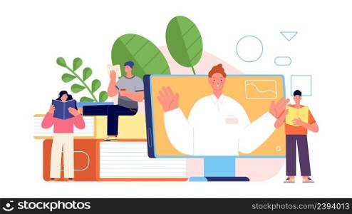 People reading books. Online education, practice and lesson. Teacher on screen and students. Remote learning, vector concept. Online education book library illustration. People reading books. Online education, practice and lesson. Teacher on screen and students. Remote learning, vector concept