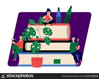 People reading books. Students on book pile, library or education concept. Bookstore illustration, dreaming girl and clever boys vector characters. Student knowledge literature, hobby read studying. People reading books. Students on book pile, library or education concept. Bookstore illustration, dreaming girl and clever boys vector characters