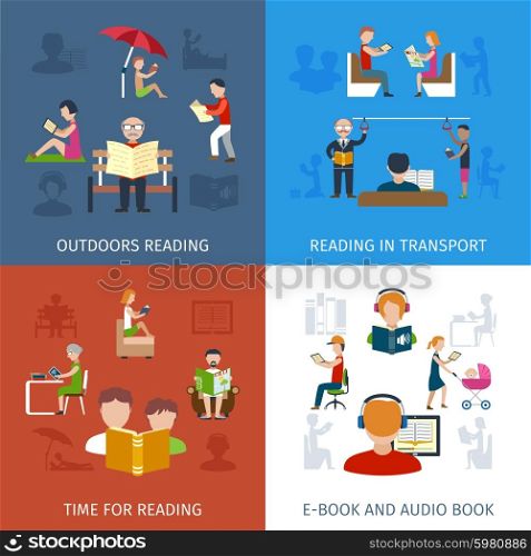 People reading design concept set with e-book and audio books icons isolated vector illustration. People Reading Set