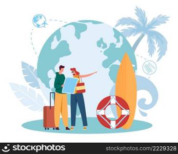 People reading map, traveling concept. Young couple standing with suitcase luggage and searching direction. Man and woman going on vacation to warm country. Surfboad and ring vector. People reading map, traveling concept. Young couple standing with suitcase luggage and searching direction
