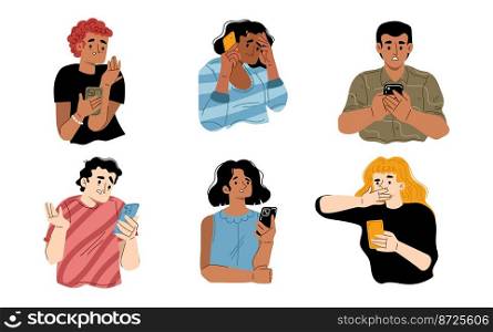 People receive bad news from mobile phone. Diverse sad, confused, anxiety and scared characters looking at smartphone in shock isolated on white background, vector hand drawn illustration. People receive bad news from mobile phone