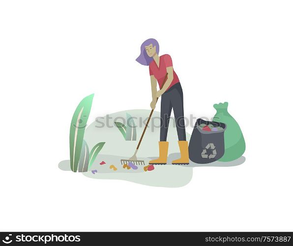 people Recycle Sort organic Garbage in different container for Separation to Reduce Environment Pollution. Woman collect garbage in bag or container. Environmental day vector cartoon illustration. people and children Recycle Sort organic Garbage in different container for Separation to Reduce Environment Pollution. Family with kids collect garbage. Environmental day vector cartoon