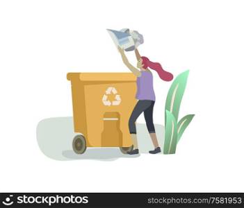 people Recycle Sort organic Garbage in different container for Separation to Reduce Environment Pollution. Woman collect paper garbage in bag or container. Environmental day vector cartoon illustration. people and children Recycle Sort organic Garbage in different container for Separation to Reduce Environment Pollution. Family with kids collect garbage. Environmental day vector cartoon