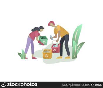 people Recycle Sort organic Garbage in different container for Separation to Reduce Environment Pollution. Man and woman collect garbage. Environmental day vector cartoon illustration. people and children Recycle Sort organic Garbage in different container for Separation to Reduce Environment Pollution. Family with kids collect garbage. Environmental day vector cartoon