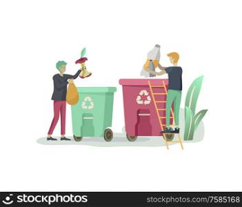 people Recycle Sort organic Garbage in different container for Separation to Reduce Environment Pollution. Man collect garbage in bag or container. Environmental day vector cartoon illustration. people Recycle Sort organic Garbage in different container for Separation to Reduce Environment Pollution. Man collect garbage in bag or container. Environmental day vector cartoon