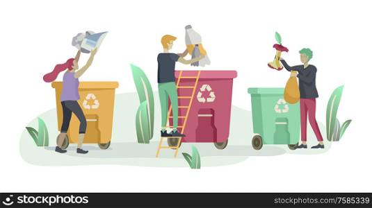 people Recycle Sort organic Garbage in different container for Separation to Reduce Environment Pollution. Man and woman collect garbage. Environmental day vector cartoon illustration. people and children Recycle Sort organic Garbage in different container for Separation to Reduce Environment Pollution. Family with kids collect garbage. Environmental day vector cartoon