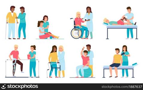 People rehab. Medical staff helps handicapped patients, physical health therapy, treatments and development joint mobility, therapists and nurses work in hospital, vector cartoon flat isolated set. People rehab. Medical staff helps handicapped patients, physical health therapy, treatments and development joint mobility, therapists and nurses work, vector cartoon flat isolated set