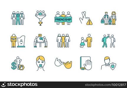 People relationships RGB color icons set. Friendly working connections. Friendship. Bereavement. Hand gesture. Gaining wealth. Reaching team goals. Keeping promises. Isolated vector illustrations. People relations RGB color icons set
