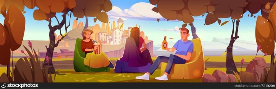People relax at scenery autumn landscape with Mediterranean buildings on cliff. Tourists man and women with beer and popcorn sitting under trees, travel, outdoor leisure, Cartoon vector illustration. People relax at scenery autumn landscape view