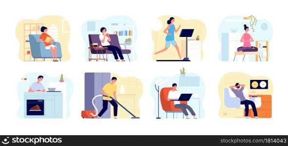 People relax home. Man read book, apartments interiors with leisuring persons. Weekend time, home yoga meditation, cooking vector concept. Home weekend, leisure read book or listen music illustration. People relax home. Man read book, apartments interiors with leisuring persons. Weekend time, home yoga meditation, cooking vector concept