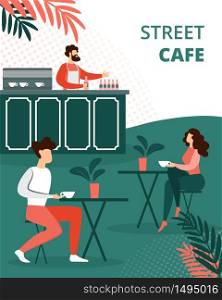 People Relax in Street Summer Cafe Outdoors Drinking Tea, Bartender Holding Bottle on Counter Desk, Characters Relaxing Open Air Restaurant Vacation. Cartoon Flat Vector Illustration, Vertical Banner. People Relaxing in Summer Cafe Outdoors, Relax