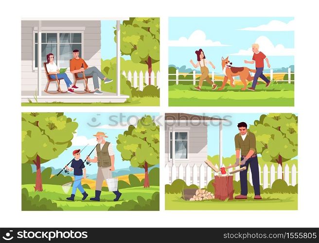 People relax in village semi flat vector illustration set. Farmer during daytime sit on patio. Children play with dog. Going to fish. Rural lifestyle 2D cartoon characters for commercial use. People relax in village semi flat vector illustration set