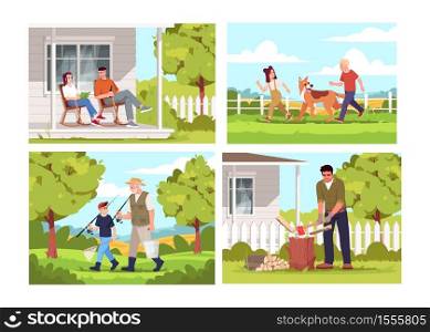 People relax in village semi flat vector illustration set. Farmer during daytime sit on patio. Children play with dog. Going to fish. Rural lifestyle 2D cartoon characters for commercial use. People relax in village semi flat vector illustration set