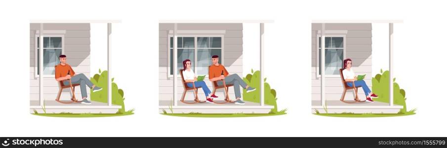 People relax on patio during daytime semi flat RGB color vector illustration set. Man and woman sit in armchair. Girl read in chair. Family isolated cartoon characters pack on white background. People relax on patio during daytime semi flat RGB color vector illustration set