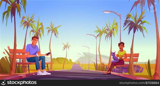 People relax sitting at roadside benches at landscape with empty road and palm trees perspective view. Man listening music via smartphone and woman with cat on knees, Cartoon Vector illustration. People relax sitting at roadside benches landscape