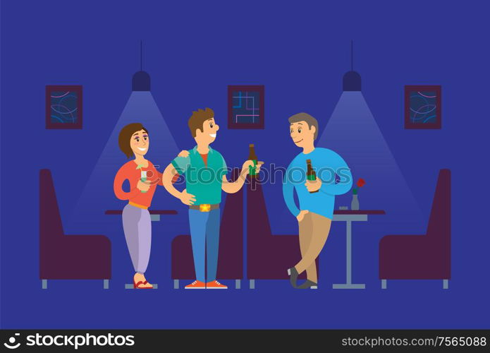 People relaxing and drinking alcohol in cafe, friends standing near tables. Woman holding cocktail and men with beer in dark blue pub, flat vector. People Relaxing and Drinking Alcohol in Pub Vector