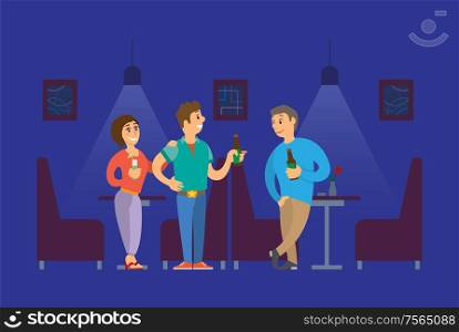 People relaxing and drinking alcohol in cafe, friends standing near tables. Woman holding cocktail and men with beer in dark blue pub, flat vector. People Relaxing and Drinking Alcohol in Pub Vector