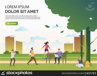 People relaxing and taking photos in city park with sample text. Relaxation, activity, lifestyle concept, presentation slide template. Can be used for topics like summer, leisure, nature. People relaxing and taking photos in city park with sample text