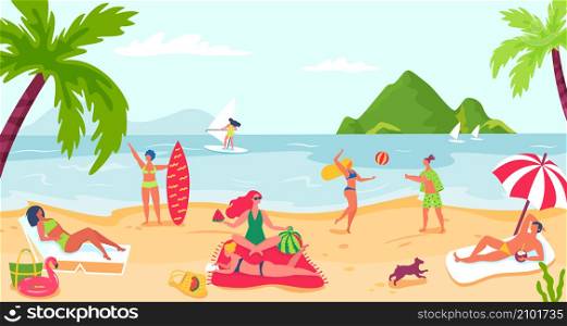 People relaxing at beach, summer sea holiday. Vector sea beach holiday, vacation and relaxation illustration. People relaxing at beach, summer sea holiday