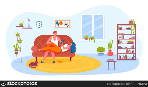 People relaxing at home. Couple lying on sofa, woman reading book, man looking at girlfriend. Characters spending leisure time together and having rest. Room interior with bookshelf and plants vector. People relaxing at home. Couple lying on sofa, woman reading book, man looking at girlfriend. Characters spending leisure