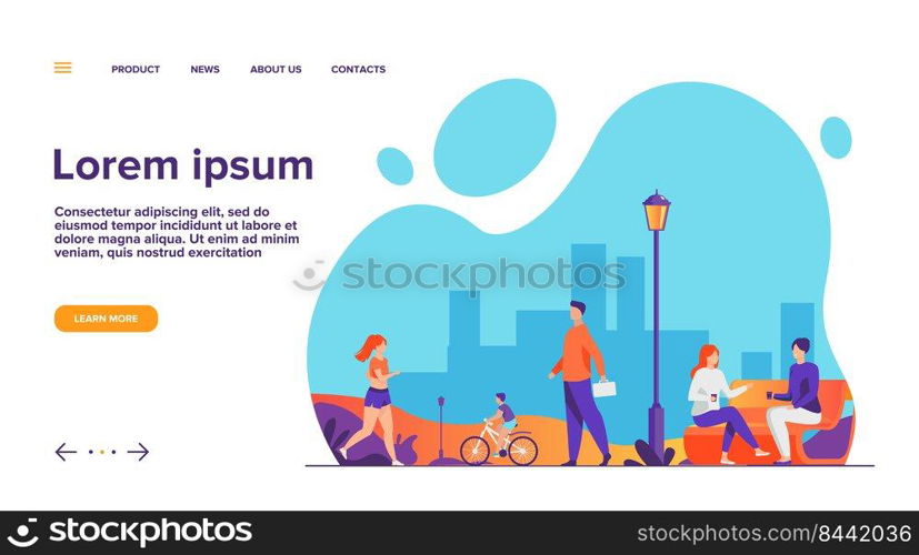 People relaxing at park in summer flat vector illustration. Woman jogging and doing exercise. Couple chatting at bench. Character walking outdoor. Person riding bicycle. Fun and leisure concept