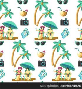 People relaxing by seaside, summer holidays seamless pattern. Man and woman sitting in umbrella shade, tropical flora palm tree and coconut cocktail. Camera for photos and flip flops, vector. Couple relaxing by seaside on summer vacation seamless pattern