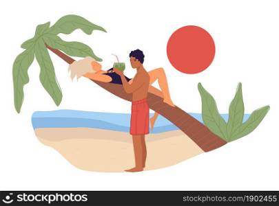 People relaxing by tropical seaside, woman laying on palm tree watching sunset and man bringing cocktail in coconut shell to girlfriend. Honeymoon or couple rest on vacations. Vector in flat style. Couple relaxing by seaside, man giving cocktail