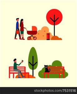 People relaxing in autumn park, family with pram vector. Man playing with bird, cat on wooden bench surrounded by green bushes. Fall season trees. People Relaxing in Autumn Park, Family with Pram