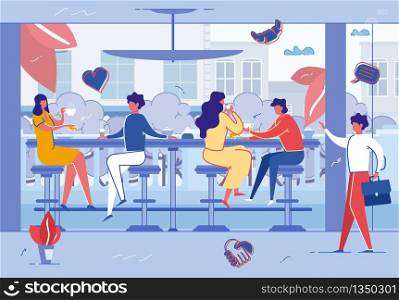 People Relaxing in Cafe or Coffee Shop. Modern Place Interior to Meet, Drink and Eat, Chat, Have Rest, Enjoy Free Time in Public Place, Hospitality, Spare Time, Relax Cartoon Flat Vector Illustration. People Relax in Cafe or Coffee Shop. Modern Place