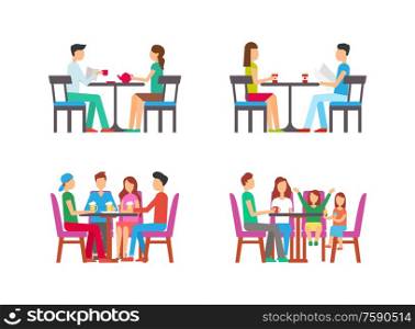 People relaxing in pub drinking beer vector. Restaurant with family, child eating ice cream, father drinking tea Couple with served latte beverage. Pub and Coffeehouse with Clients Eating Lunch