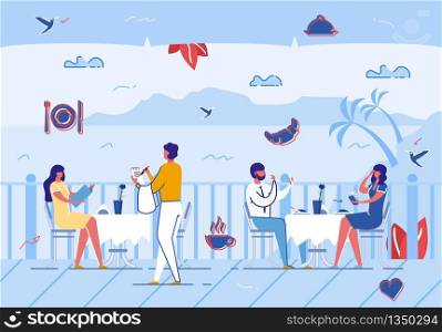 People Relaxing in Summer Cafe Outdoors, Waiter Taking Order from Customer. Couple Dating, Open Air Restaurant in Day Time. Relaxing Characters Vacation, Resort, . Cartoon Flat Vector Illustration. People Relaxing in Summer Cafe Outdoors, Vacation