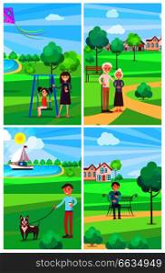 People relaxing in summer park poster of four images. Vector collection of young and senior men and women entertaining on fresh air. People Relaxing in Summer Park Posters Collection