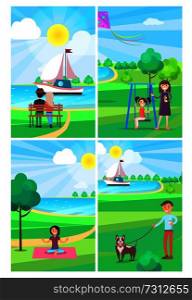 People relaxing in summer park vector poster of four images with couple admiring sailing yacht, girl on swing, boy walking dog, woman doing yoga. People Relaxing in Summer Park Posters Collection