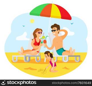People relaxing on beach vector, parents enjoying alcoholic beverage poured in glasses. Child building sand castle. Married couple with kid by seaside. Family on Summer Vacation, Parents and Kid Vector