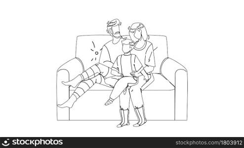 People Relaxing On Cozy Couch Together Black Line Pencil Drawing Vector. Father, Mother And Son Child Family Sitting On Cozy Sofa. Man, Woman And Boy Have Leisure Time In Living Room Illustration. People Relaxing On Cozy Couch Together Vector